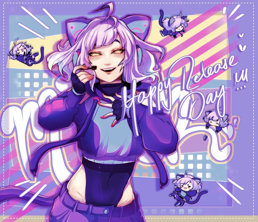 1other, androgynous, animal_ears, cat_ear_headphones, cat_ears, hand_on_own_chest, headphones, highres
