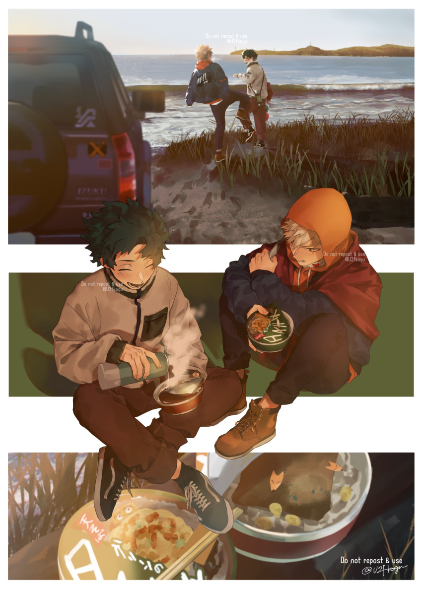 2boys, bakugou_katsuki, beach, blonde_hair, blurry, boku_no_hero_academia, border, bumper_sticker