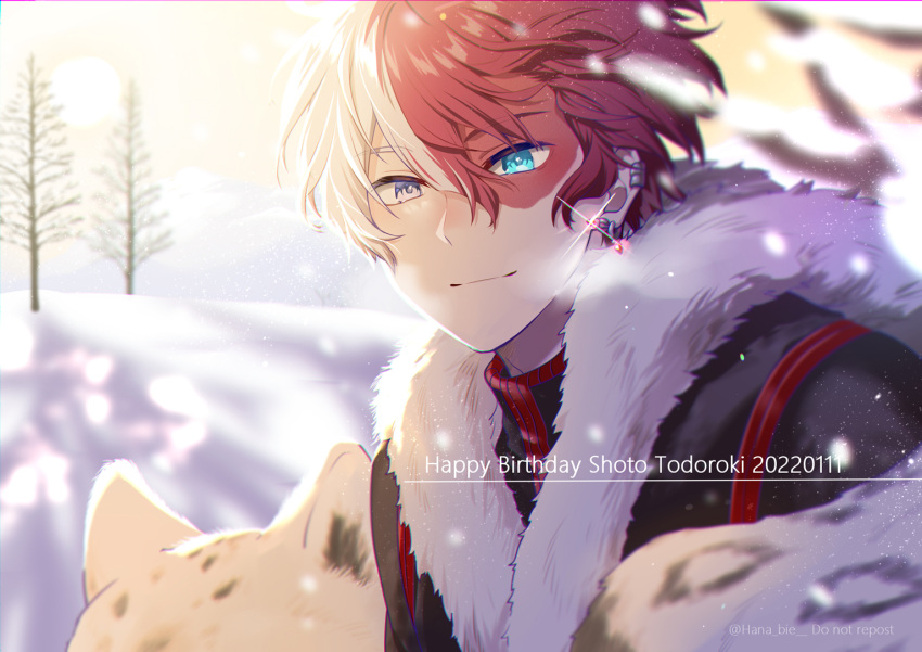 1boy, bangs, bare_tree, blue_eyes, blurry, blurry_background, blurry_foreground, boku_no_hero_academia