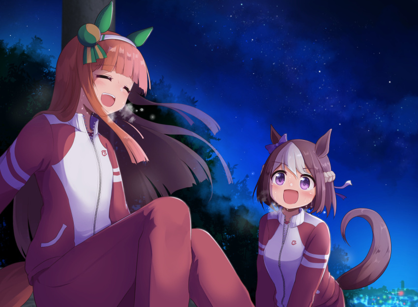 2girls, alternate_costume, animal_ears, blush, brown_hair, closed_eyes, commentary_request, heavy_breathing