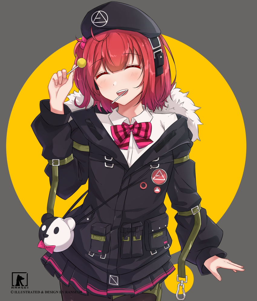 1girl, ahoge, bangs, beret, black_legwear, blush, candy, closed_eyes