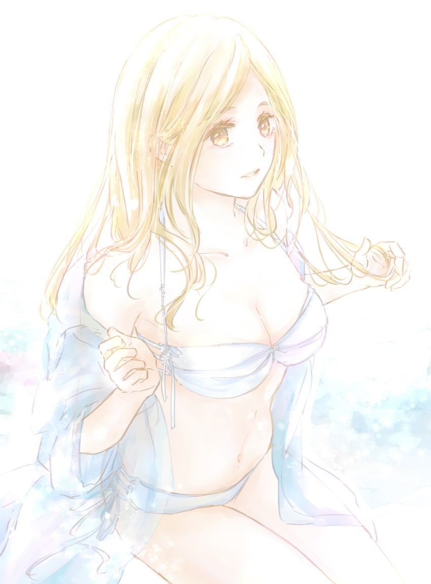 1girl, bathrobe, bikini, blonde_hair, cute, female_focus, long_hair, looking_at_viewer, mamenogawa, navel, nintendo, octopath_traveler, ophilia_(octopath_traveler), sitting, solo, square_enix, summer, swimsuit, white_bikini, yellow_eyes