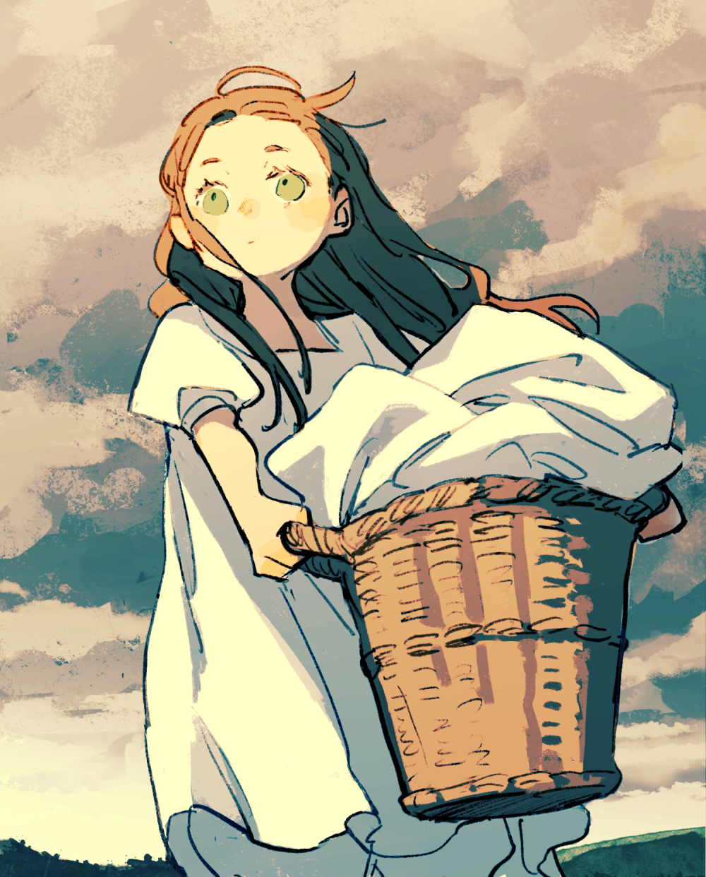 1girl, :|, ahoge, backlighting, basket, brown_hair, child, closed_mouth