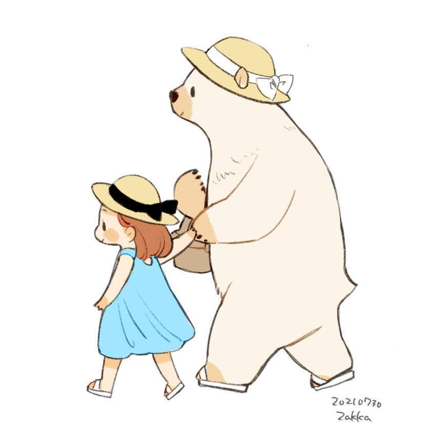 1girl, animal, arm_at_side, arm_up, bag, bare_arms, bare_shoulders, bear