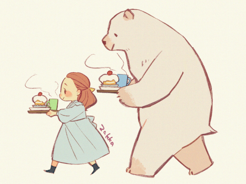 1girl, animal, bear, beige_background, black_footwear, blue_dress, brown_hair, cake