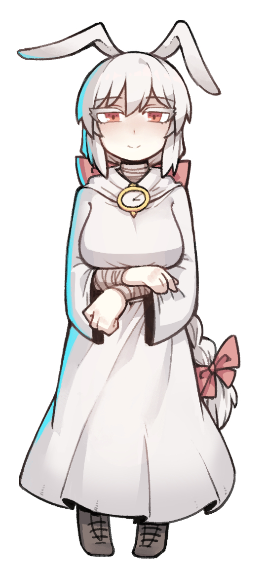 1girl, animal_ears, bangs, black_souls, bow, braid, breasts, clock