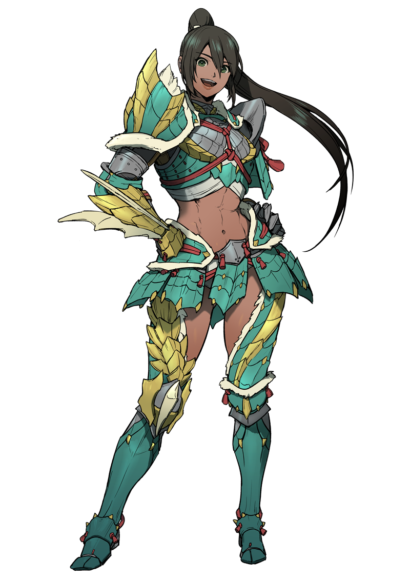 1girl, abs, armor, black_hair, dark_skin, floating_hair, fraud, gauntlets