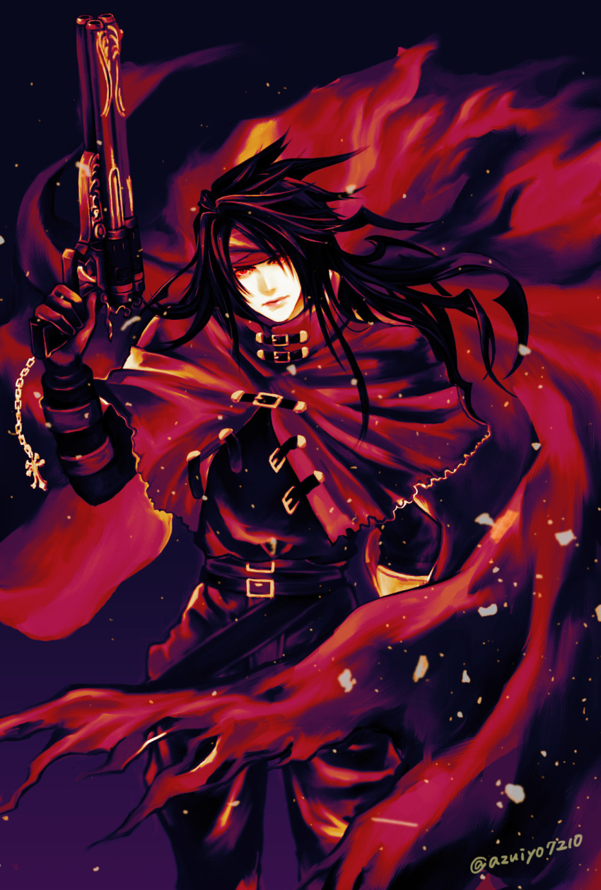 1boy, azuiyo7210, bandana, black_hair, buckle, cloak, dirge_of_cerberus_final_fantasy_vii, final_fantasy, final_fantasy_vii, gloves, gun, highres, keychain, long_hair, looking_at_viewer, messy_hair, pale_skin, red_eyes, torn_clothes, vincent_valentine, weapon