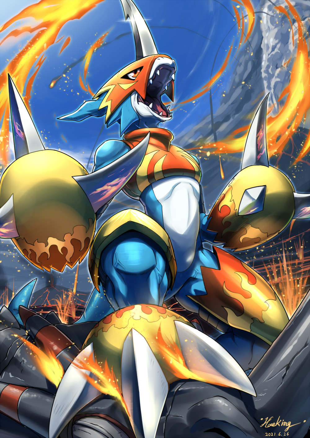 blue_sky, breathing_fire, claws, commentary_request, crack, dated, digimon, digimon_(creature)