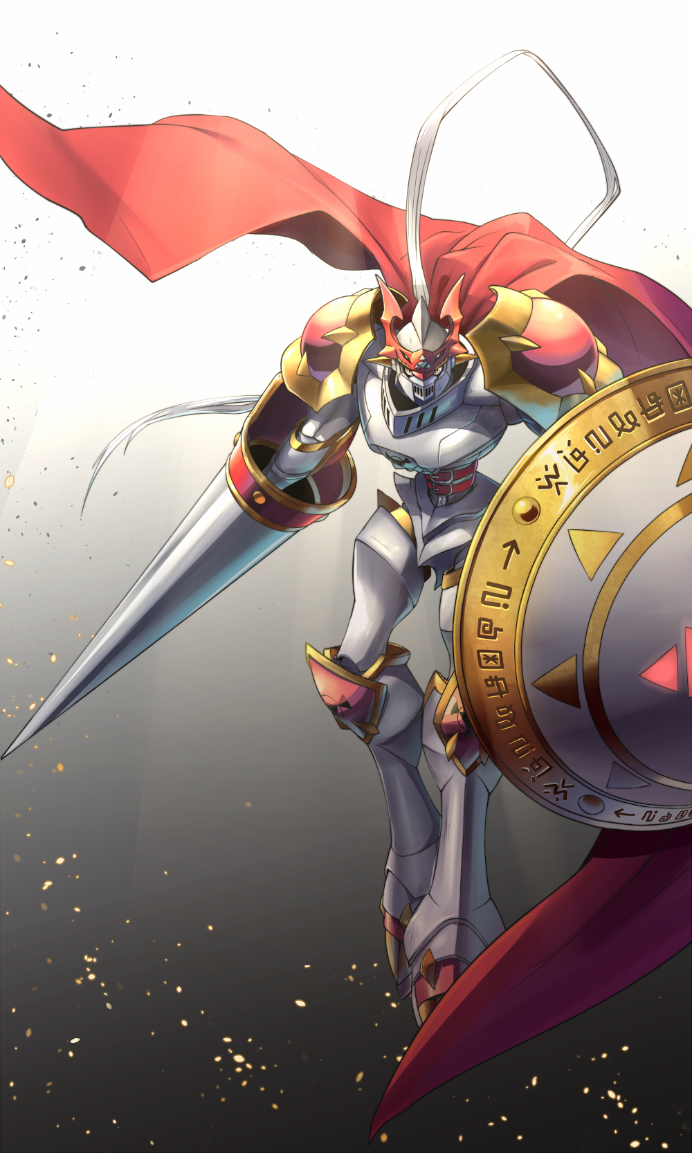 armor, belt, cape, commentary_request, digimoji, digimon, digimon_(creature), digital_hazard