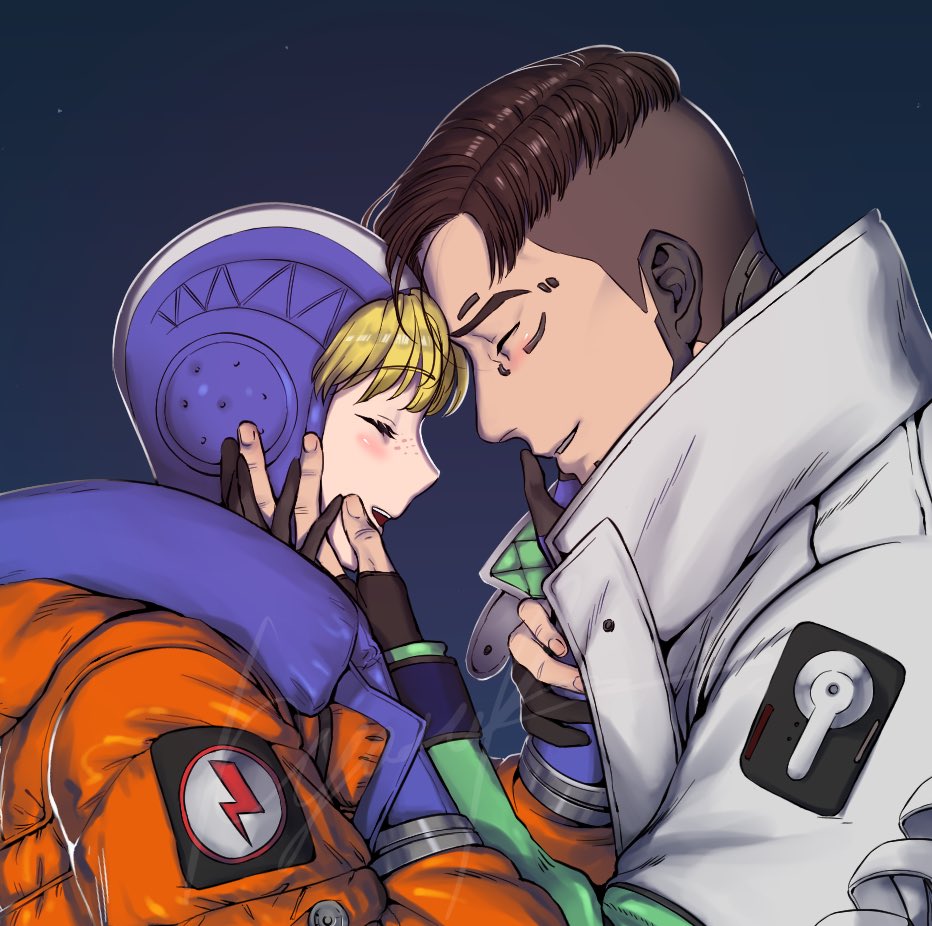 1boy, 1girl, apex_legends, bangs, black_gloves, black_hair, blonde_hair, blush, closed_eyes, couple, crypto_(apex_legends), freckles, from_side, gloves, hanagata_kyousuke, hand_on_another's_face, heads_together, hetero, hood, hooded_jacket, jacket, open_mouth, orange_jacket, partially_fingerless_gloves, smile, wattson_(apex_legends), white_jacket