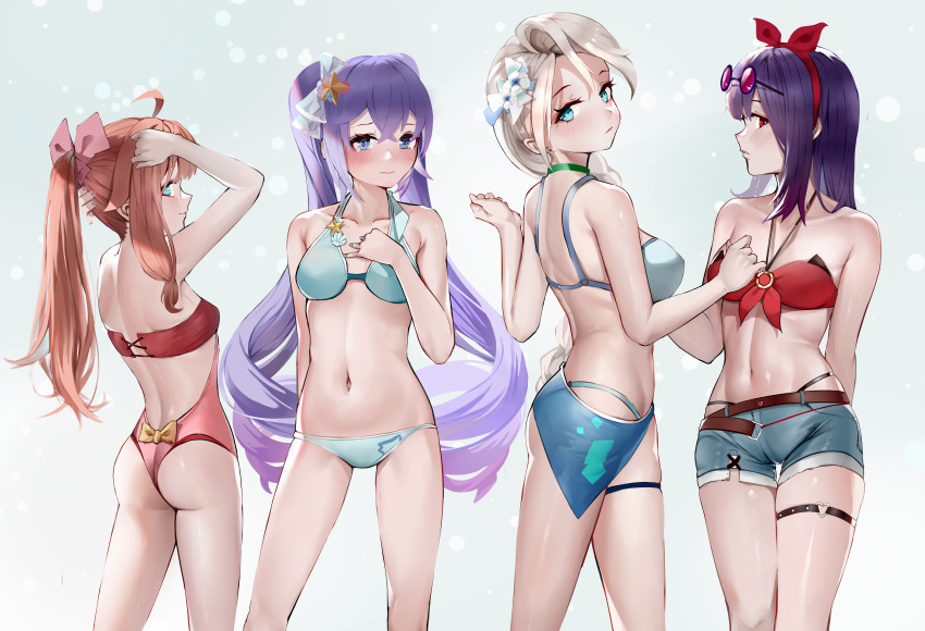 4girls, a-soul, absurdres, ass, ava_(a-soul), back, bangs, bare_arms, bare_shoulders, bella_(a-soul), belt, bikini, bikini_under_clothes, blue_bikini, blue_eyes, bow_hairband, breasts, brown_belt, cowboy_shot, diana_(a-soul), eileen_(a-soul), eyewear_on_head, flower, hair_between_eyes, hair_flower, hair_ornament, hair_ribbon, hairband, halter_top, halterneck, hand_on_own_chest, highres, large_breasts, long_hair, looking_at_viewer, looking_back, medium_breasts, multiple_girls, nail_polish, navel, ponytail, purple_hair, red_bikini, red_eyes, redhead, ribbon, sarong, short_shorts, shorts, sideways_glance, silver_hair, small_breasts, standing, star_(symbol), star_hair_ornament, string_bikini, sunglasses, swimsuit, tearing_up, thigh_strap, touhoureporter, twintails, very_long_hair, white_hair