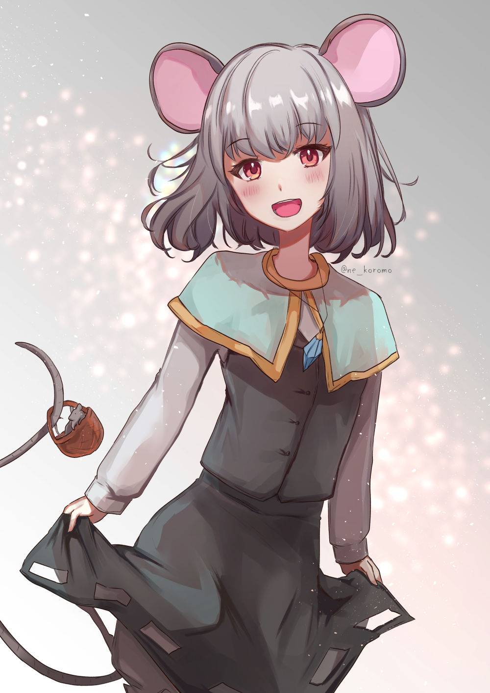 1girl, animal_ears, bangs, basket, blue_capelet, blush, capelet, chidori_nekoro, commentary_request, commission, cowboy_shot, crystal, curtsey, eyebrows_visible_through_hair, grey_hair, grey_skirt, grey_vest, highres, jewelry, long_sleeves, looking_at_viewer, mouse, mouse_ears, mouse_girl, mouse_tail, nazrin, open_mouth, pendant, red_eyes, shirt, short_hair, skeb_commission, skirt, skirt_set, smile, solo, tail, touhou, twitter_username, vest, white_shirt