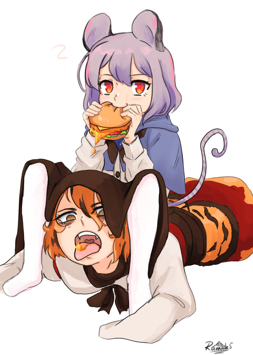 2girls, absurdres, animal_ears, animal_print, bangs, black_hair, blush, brown_eyes