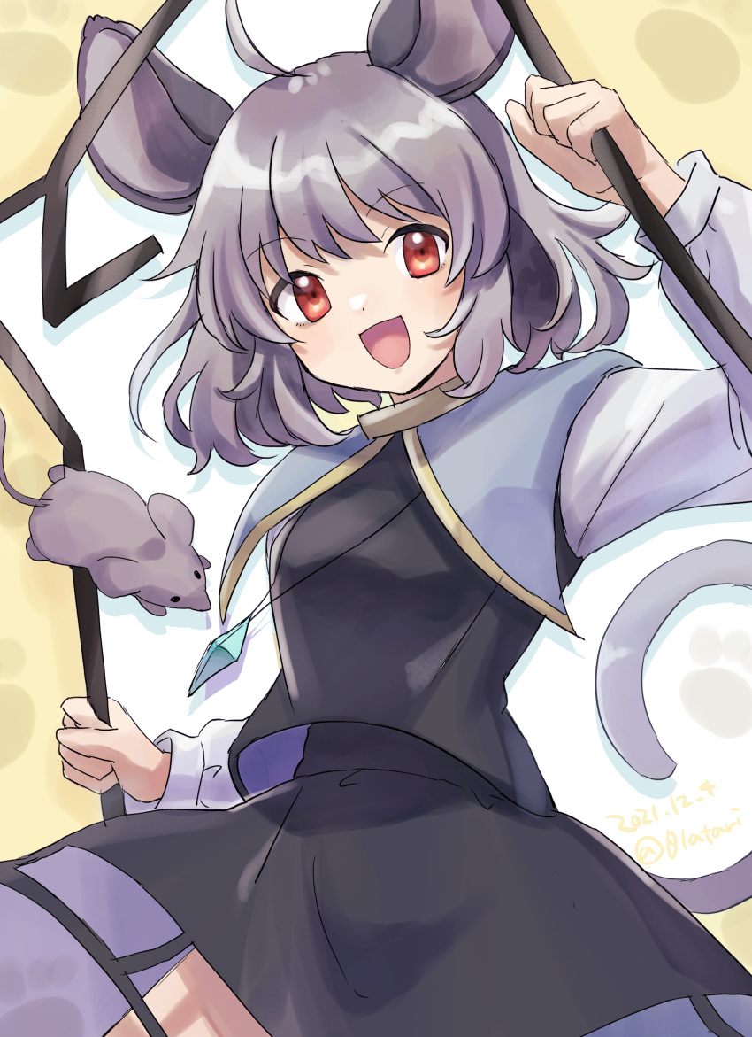 1girl, absurdres, animal_ears, bangs, blue_capelet, blush, breasts, capelet, commentary_request, cowboy_shot, crystal, dowsing_rod, grey_hair, grey_skirt, grey_vest, highres, jewelry, long_sleeves, looking_at_viewer, mouse, mouse_ears, mouse_girl, mouse_tail, nazrin, open_mouth, pendant, red_eyes, reijiro, shirt, short_hair, skirt, skirt_set, small_breasts, smile, solo, tail, touhou, vest, white_shirt