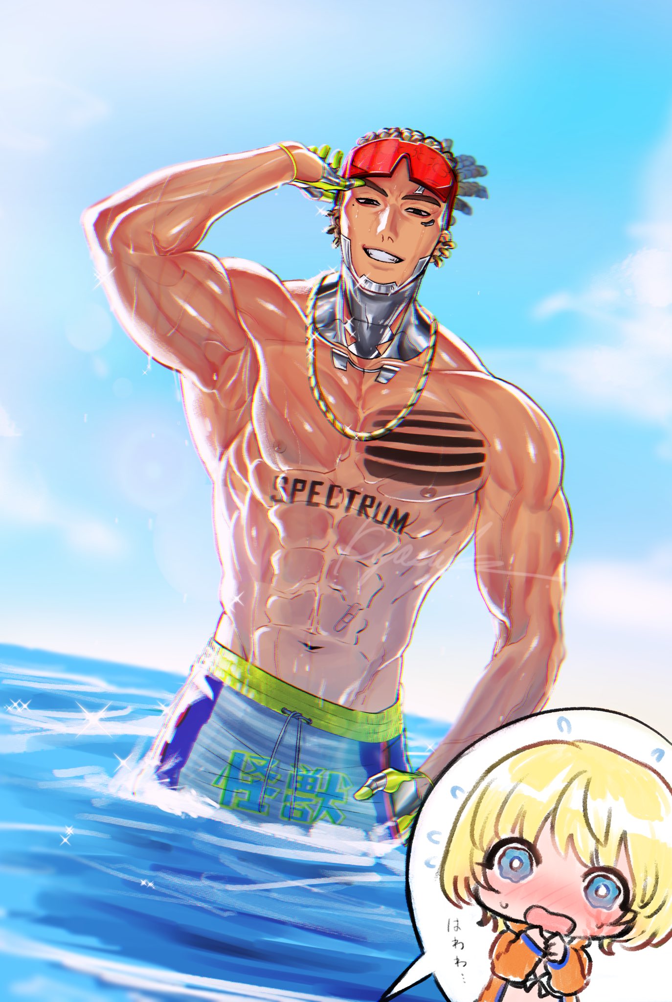 1boy, 1girl, abs, apex_legends, bangs, blue_eyes, blush, brown_hair