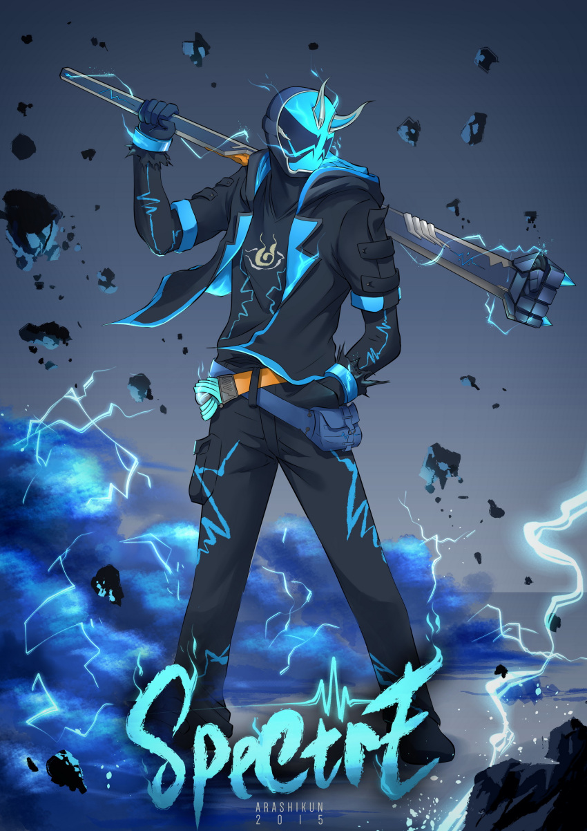 1boy, 2015, absurdres, arashikun, black_eyes, blue_mask, club_(weapon), copyright_name