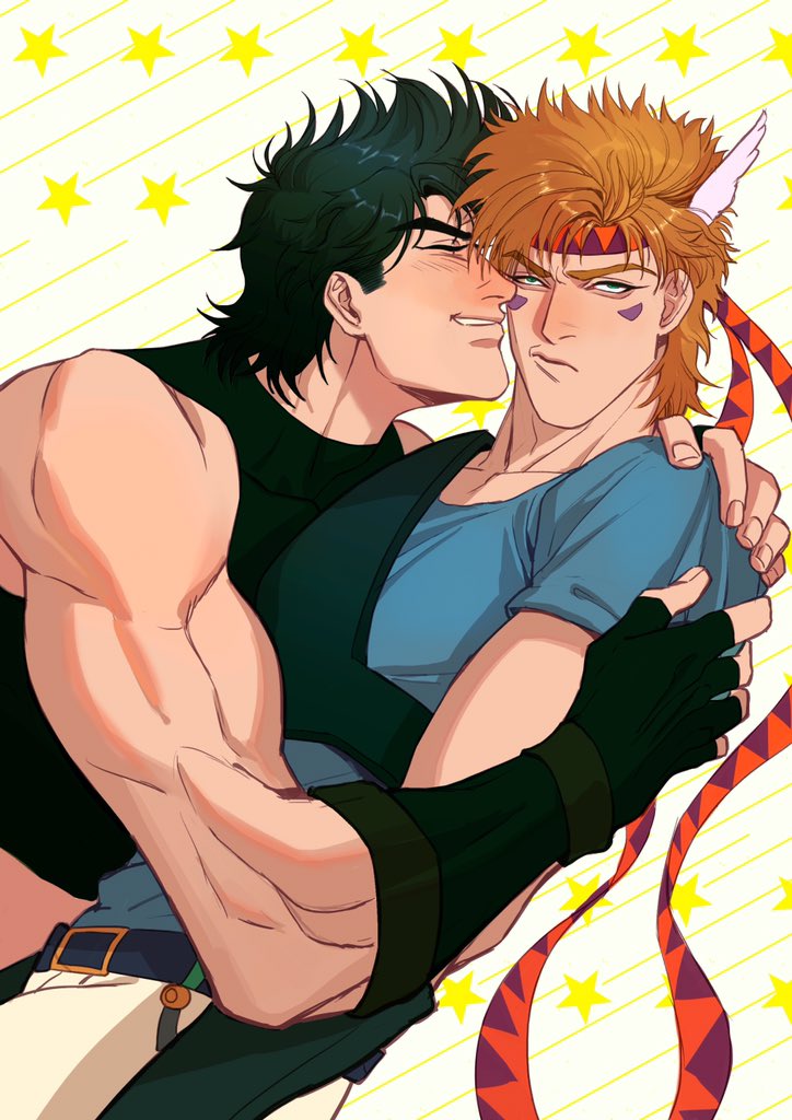 2boys, annoyed, battle_tendency, black_hair, blonde_hair, blue_shirt, blush, caesar_anthonio_zeppeli