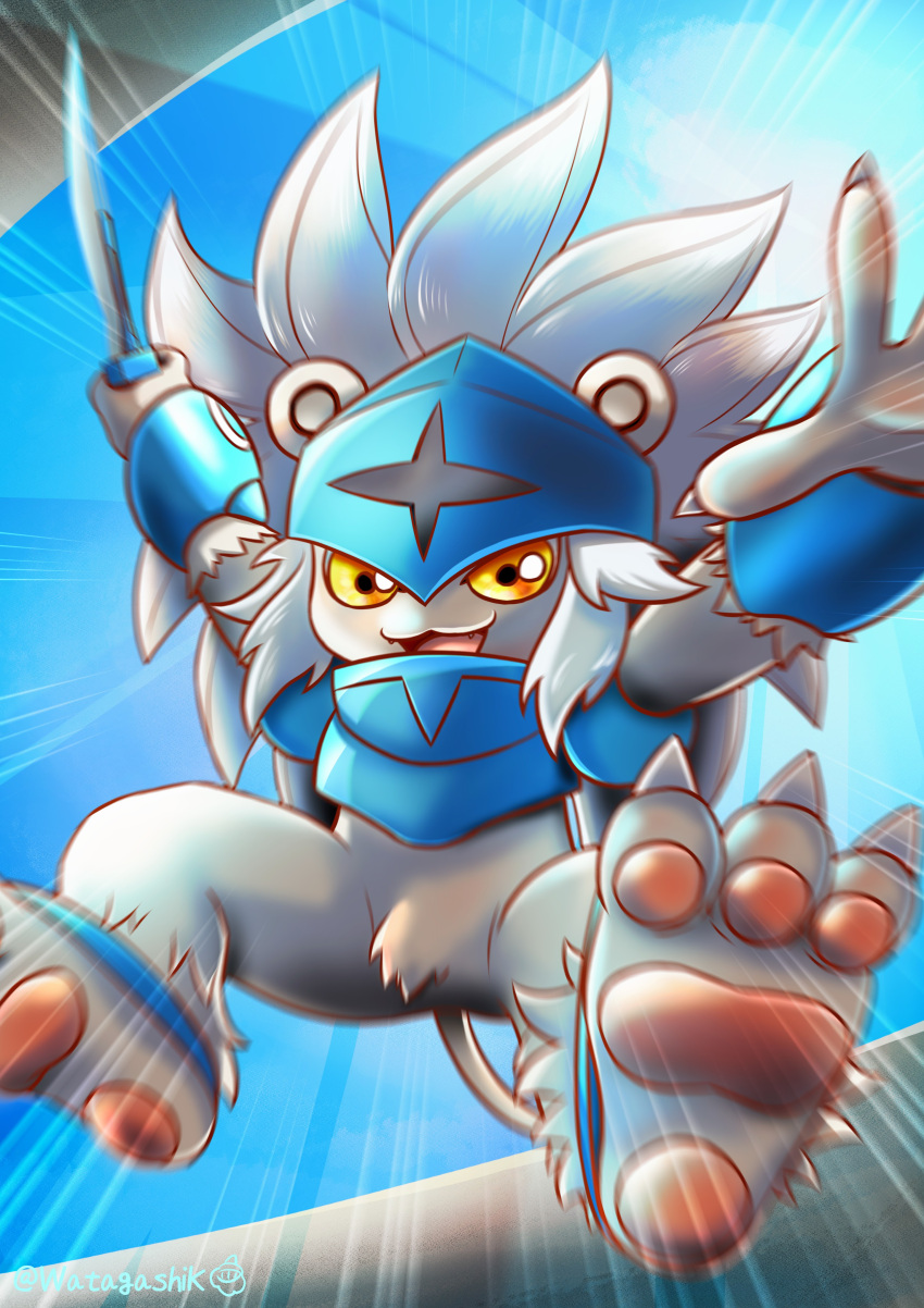 :3, :d, absurdres, arms_up, backlighting, blue_background, blue_hoodie, blurry, commentary_request, creature, dagger, depth_of_field, digimon, digimon_(creature), fangs, grey_hair, happy, highres, holding, holding_dagger, holding_weapon, hood, hoodie, jumping, knife, long_hair, looking_at_viewer, no_humans, open_mouth, signature, smile, solo, spadamon, speed_lines, spiky_hair, twitter_username, watagashikn, weapon