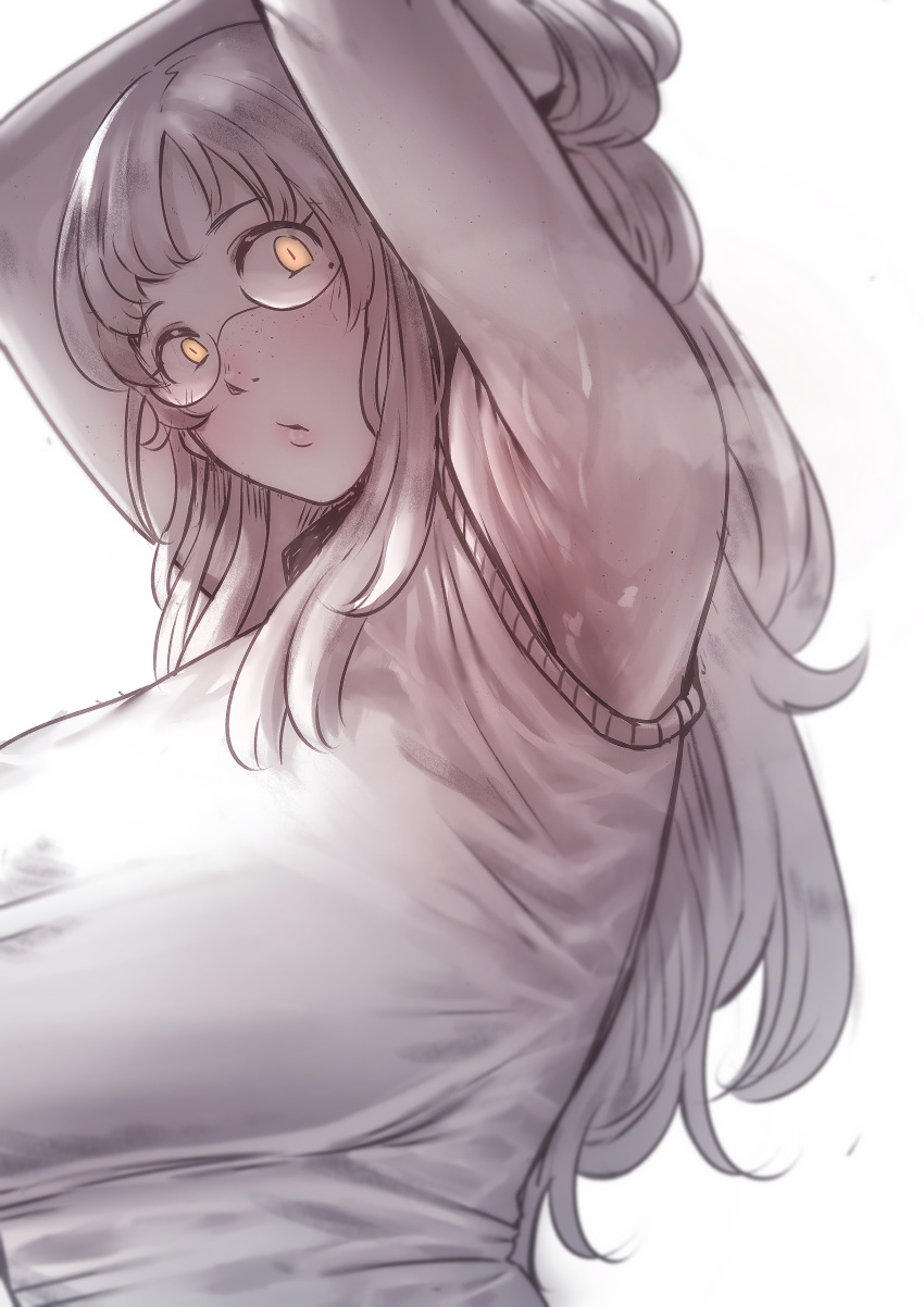 1girl, absurdres, adjusting_hair, armpits, arms_up, bangs, blush, breasts