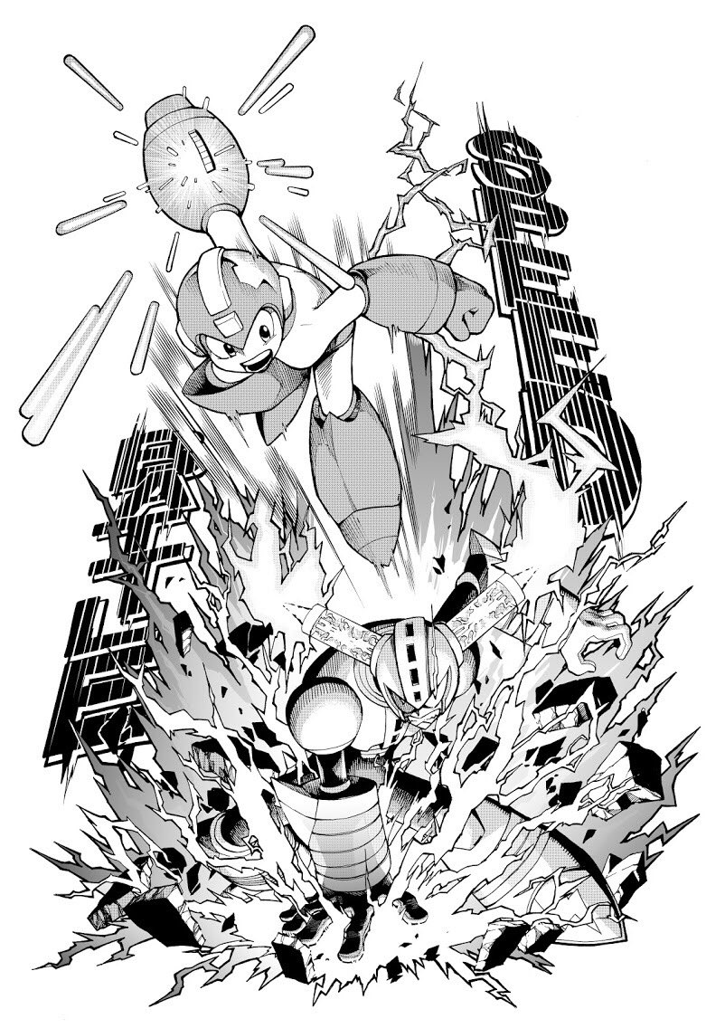 2boys, android, arm_cannon, arm_up, clenched_hand, clenched_teeth, commentary_request, duel
