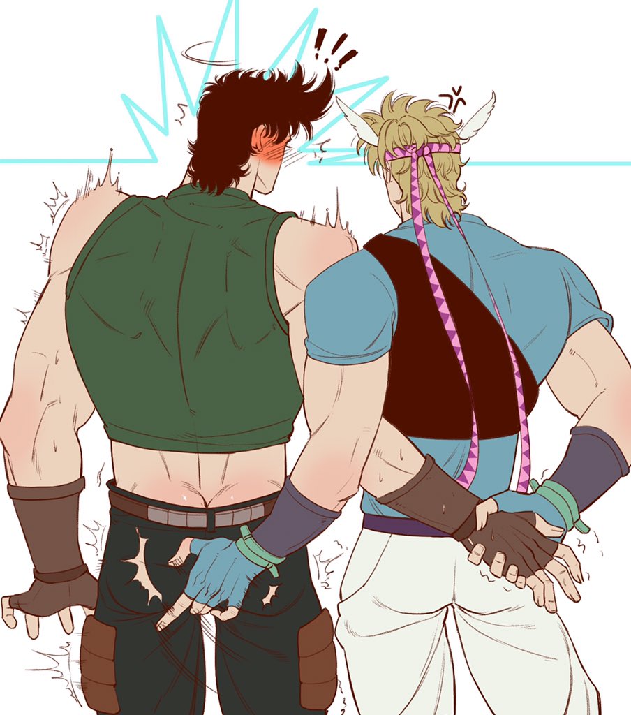 2boys, ^^^, anger_vein, ass_grab, ass_shake, battle_tendency, black_hair, blonde_hair