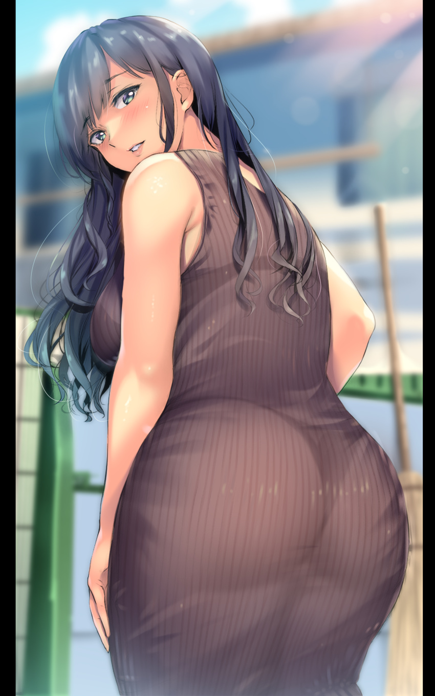 1girl, a.x., absurdres, arm_at_side, ass, bangs, black_dress, black_hair, blue_eyes, blurry, blurry_background, blush, bra_visible_through_clothes, breasts, commentary_request, day, depth_of_field, derivative_work, dress, eyebrows_visible_through_hair, from_behind, highres, large_breasts, long_hair, looking_at_viewer, looking_back, original, outdoors, panties, see-through_dress, sleeveless, sleeveless_dress, solo, standing, thong, underwear