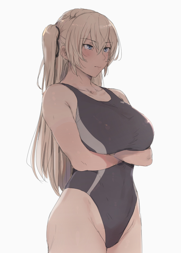 1girl, 98_(mdf_an), arms_under_breasts, bangs, bare_shoulders, black_ribbon, black_swimsuit, blonde_hair