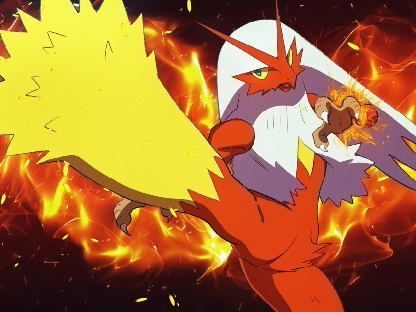 blaziken, claws, colored_sclera, commentary_request, fire, green_eyes, leg_up, looking_to_the_side