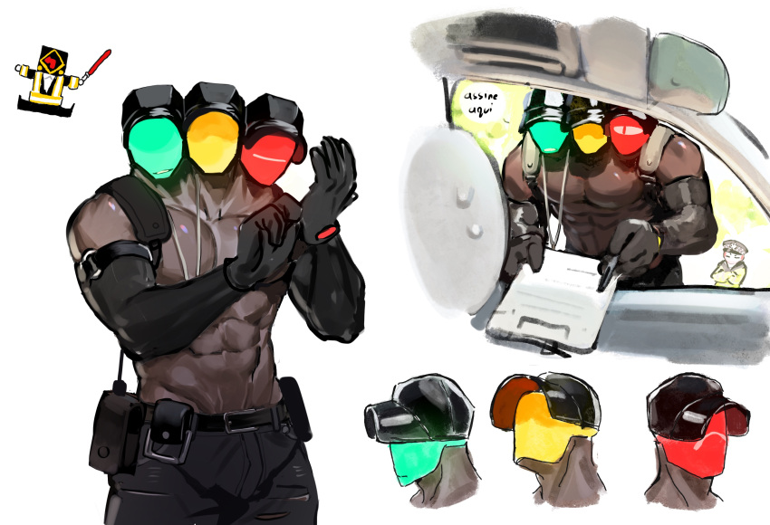 3boys, adjusting_clothes, adjusting_gloves, black_headwear, black_pants, character_sheet, clipboard, closed_eyes