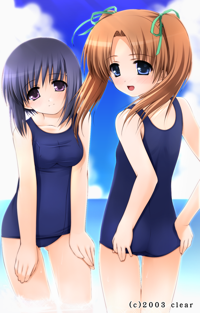 2girls, beach, blue_eyes, blue_hair, blush, brown_hair, clouds, flat_chest, hair_ribbons, happy, loli, school_swimsuit, sea, short_twintails, sku, smile, violet_eyes