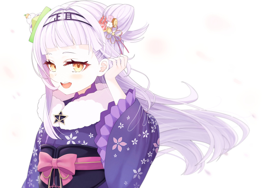 1girl, :d, absurdres, bangs, blunt_bangs, fur_scarf, furisode, hair_cones