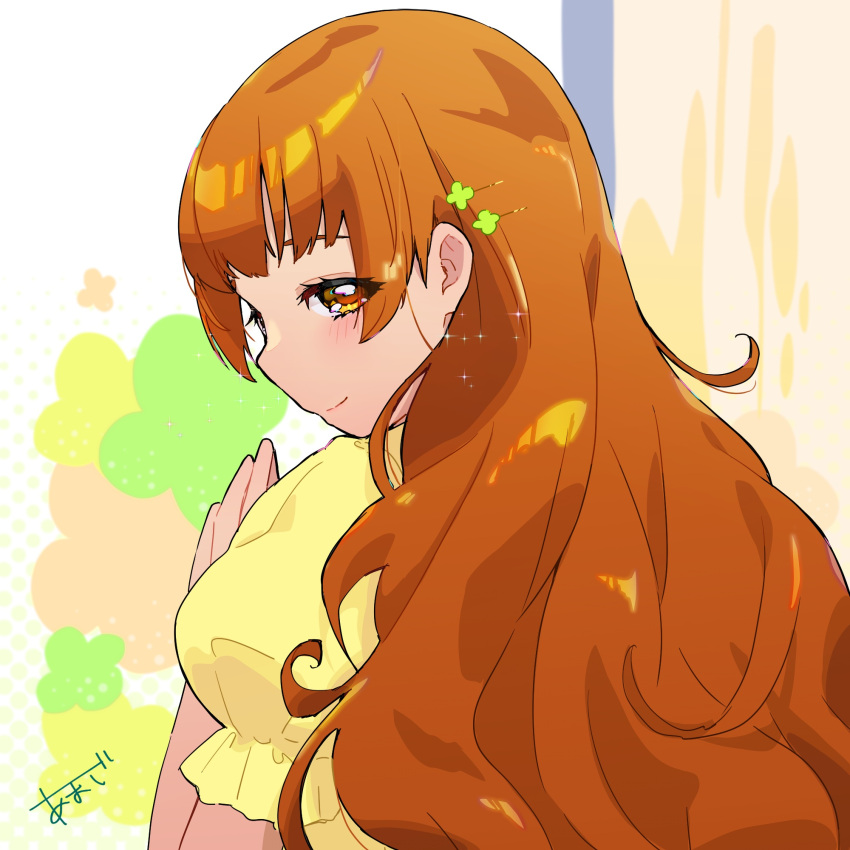 1girl, alternate_hairstyle, amesafu, artist_name, back, brown_hair, clover_print, dokidoki!_precure