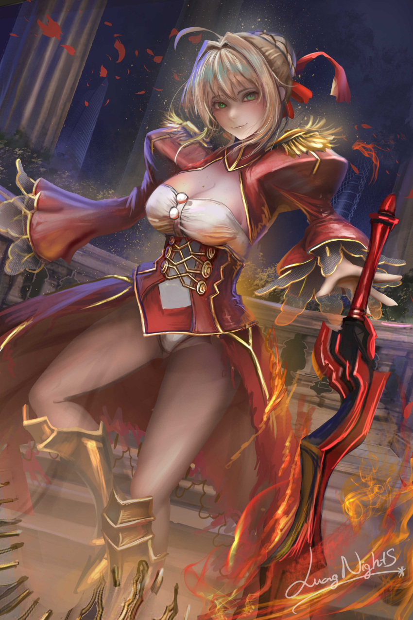 1girl, ahoge, blonde_hair, blurry, breasts, cleavage, corset, fate/extra