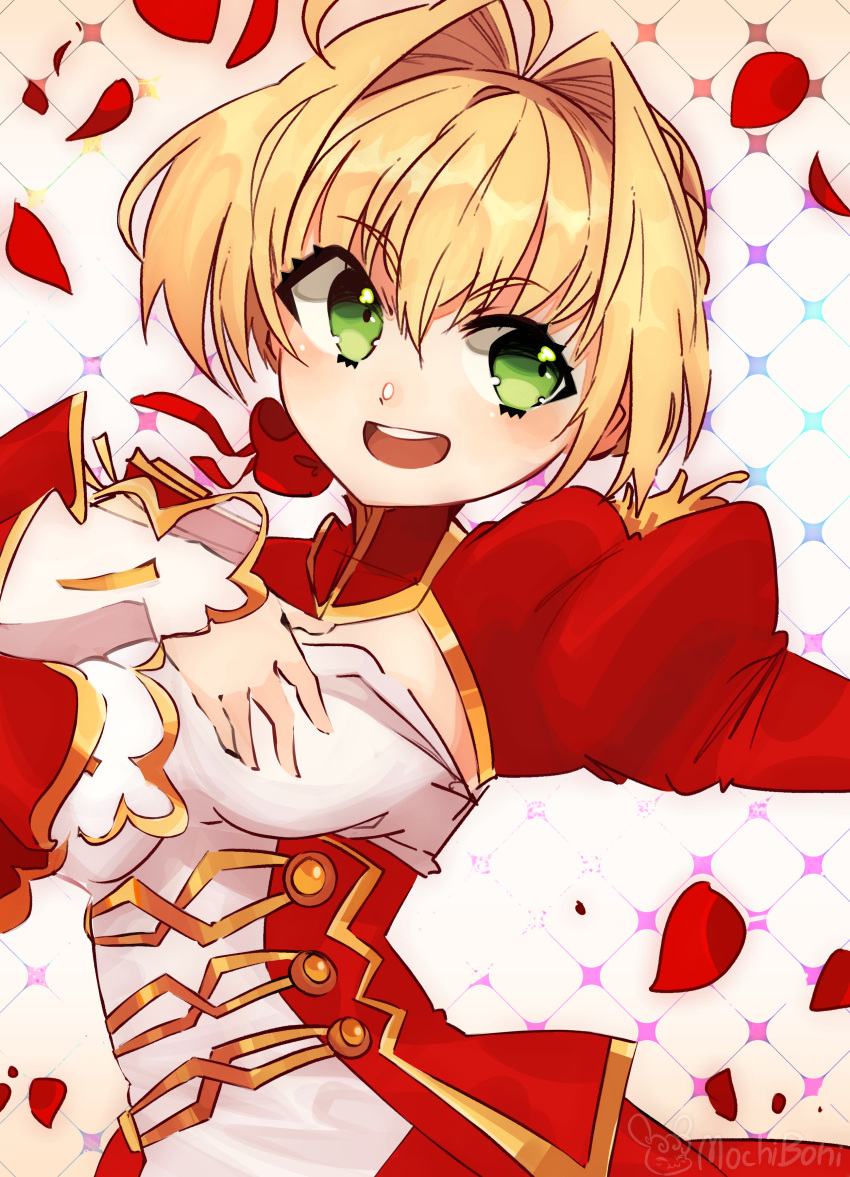 1girl, ahoge, blonde_hair, blurry, breasts, cleavage, corset, fate/extra
