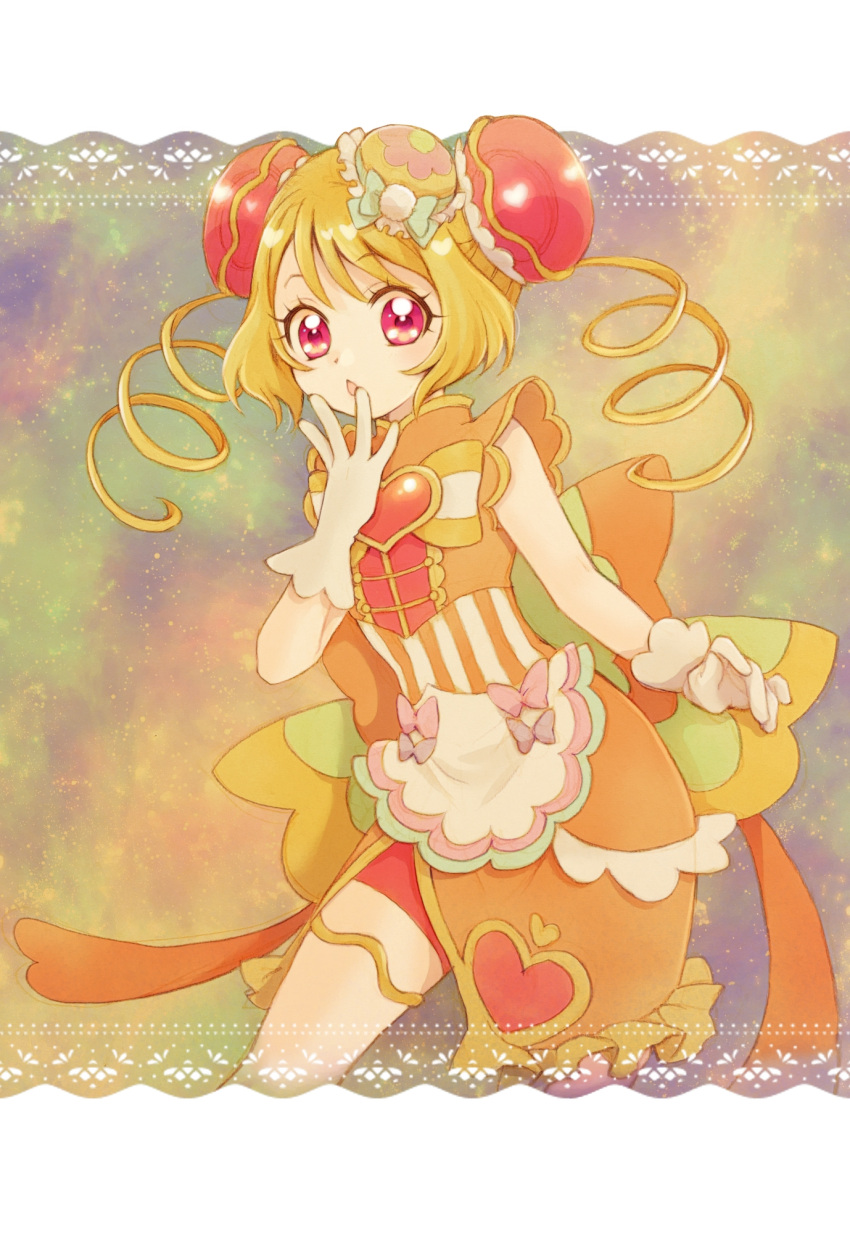 1girl, aizen_(pixiv10336702), blonde_hair, commentary, cure_yum-yum, delicious_party_precure, drill_hair, eyelashes, hair_ornament, hanamichi_ran, highres, looking_at_viewer, magical_girl, pink_eyes, precure, simple_background, sketch, solo, twintails