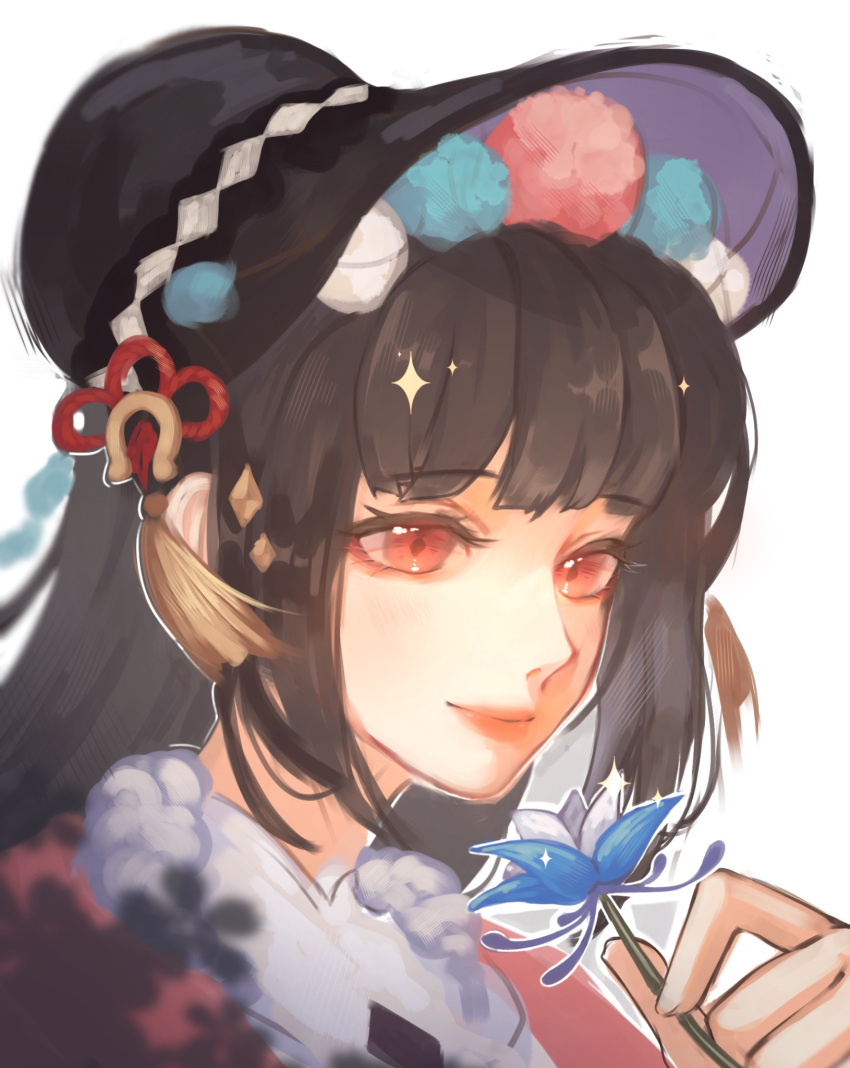1girl, bangs, black_corset, blunt_bangs, bonnet, capelet, corset, earrings