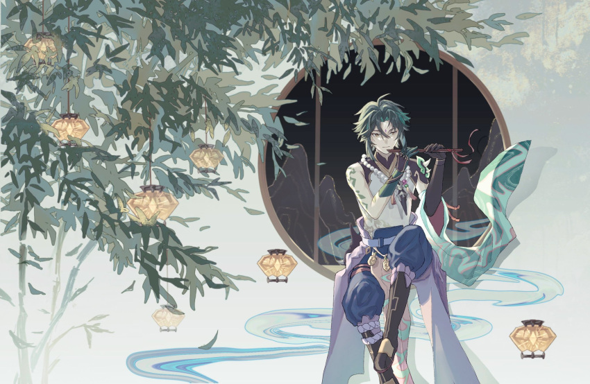 1boy, :|, arm_tattoo, armor, asymmetrical_sleeves, bamboo, bangs, bead_necklace