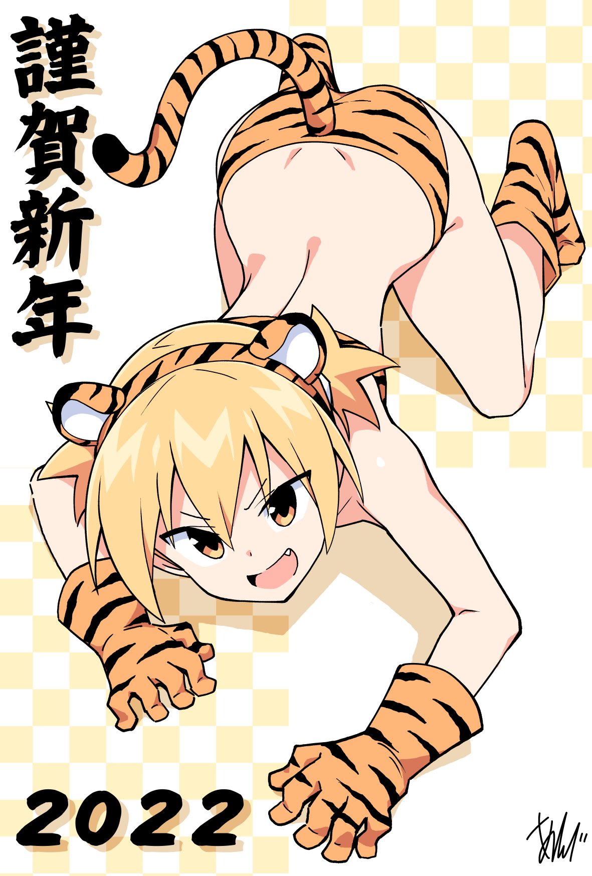 1girl, 2022, all_fours, anbe_masahiro, animal_ears, animal_print, artist_name, atsumare!_fushigi_kenkyuubu