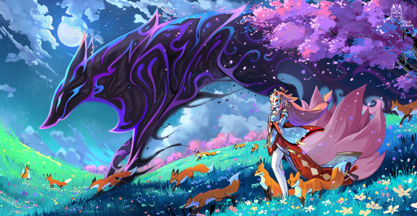 1girl, absurdres, animal_ears, bangs, bare_legs, bare_shoulders, cherry_blossoms, clouds, cloudy_sky, crossed_arms, detached_sleeves, earrings, english_commentary, falling_petals, field, flower, flower_field, fox, fox_ears, fox_girl, fox_mask, fox_tail, full_body, full_moon, genshin_impact, grass, gribovap, headgear, highres, japanese_clothes, jewelry, kimono, kitsune, long_hair, long_sleeves, low-tied_long_hair, mask, miko, monster, moon, multiple_tails, night, obi, outdoors, petals, pink_hair, priestess, print_sleeves, sash, short_kimono, sky, solo, standing, tail, tassel, too_many_foxes, tree, wide_sleeves, yae_(genshin_impact)