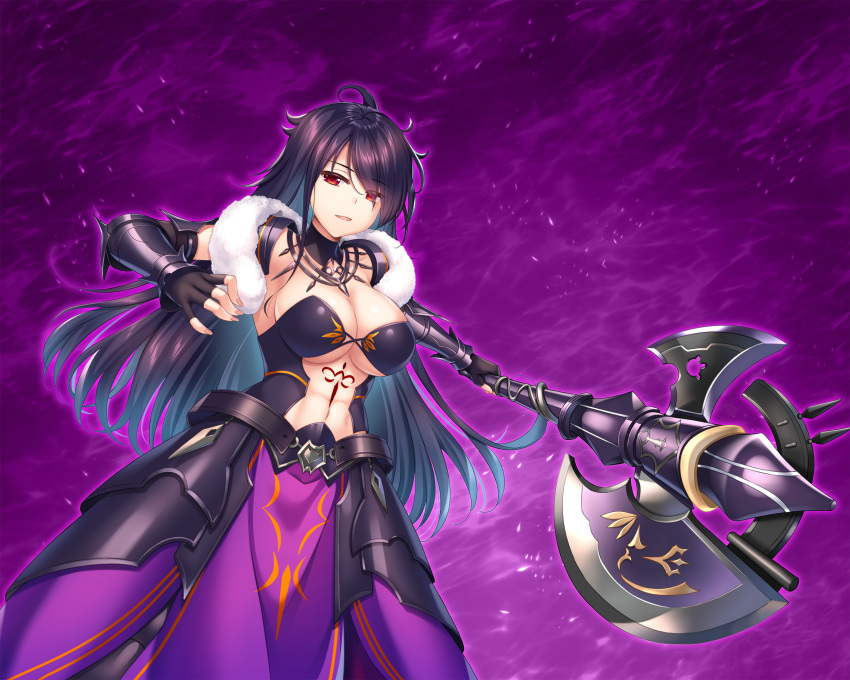 1girl, armor, bangs, black_gloves, blue_hair, breasts, charlotte_vie_atrustia, eyebrows_visible_through_hair