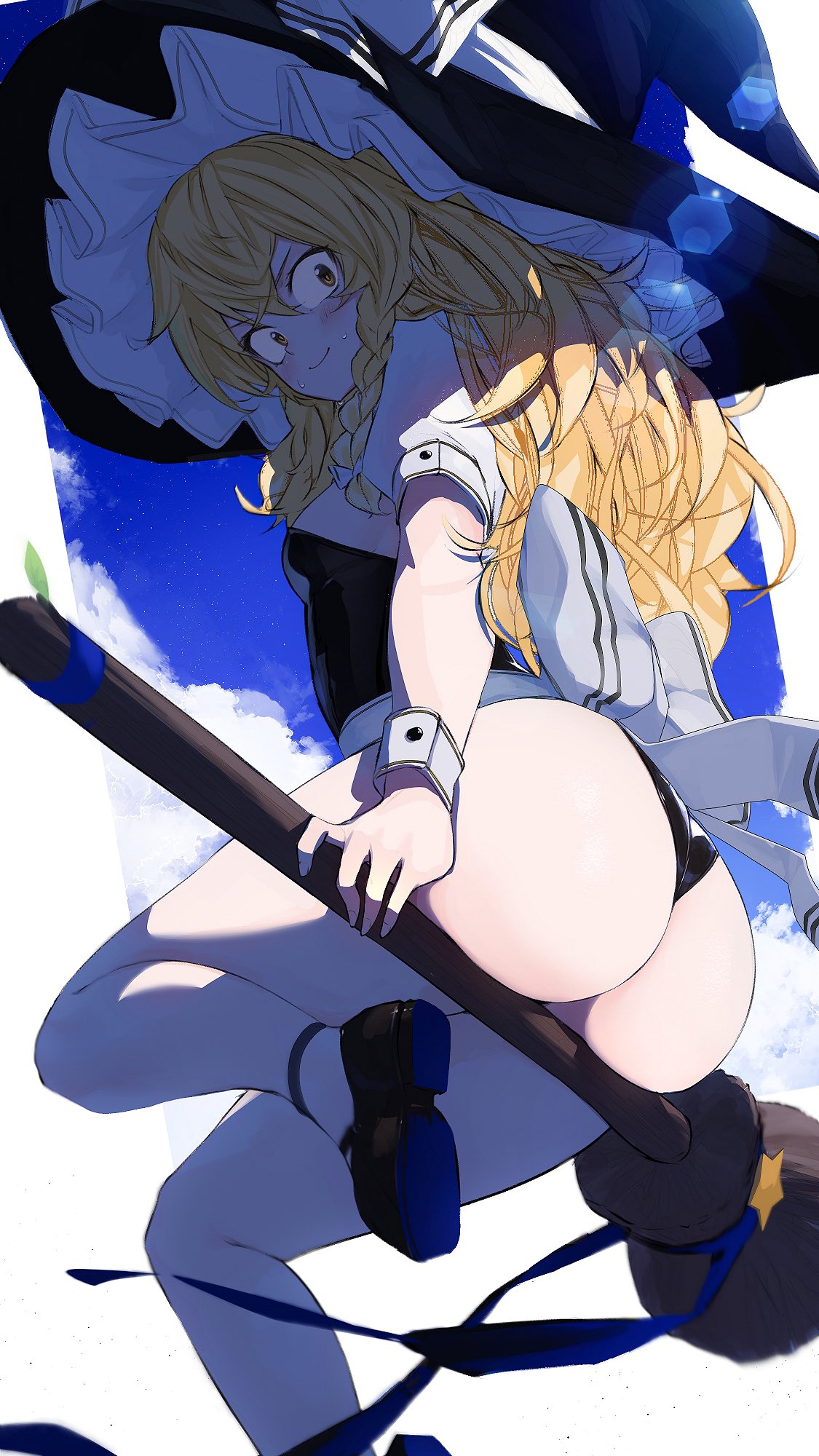 1girl, ass, bangs, black_footwear, black_headwear, black_leotard, blue_sky, blush, bow, braid, breasts, broom, broom_ribbon, broom_riding, closed_mouth, clouds, day, foreshortening, from_below, from_side, hair_between_eyes, hair_bow, hat, hat_ribbon, highres, kashu_(hizake), kirisame_marisa, large_ribbon, lens_flare, leotard, loafers, long_hair, looking_at_viewer, nervous_smile, outdoors, puffy_short_sleeves, puffy_sleeves, ribbon, shoes, short_sleeves, sky, small_breasts, solo, star_(symbol), strapless, strapless_leotard, sweat, thick_thighs, thighs, touhou, v-shaped_eyebrows, white_bow, white_ribbon, wide-eyed, witch_hat, wrist_cuffs