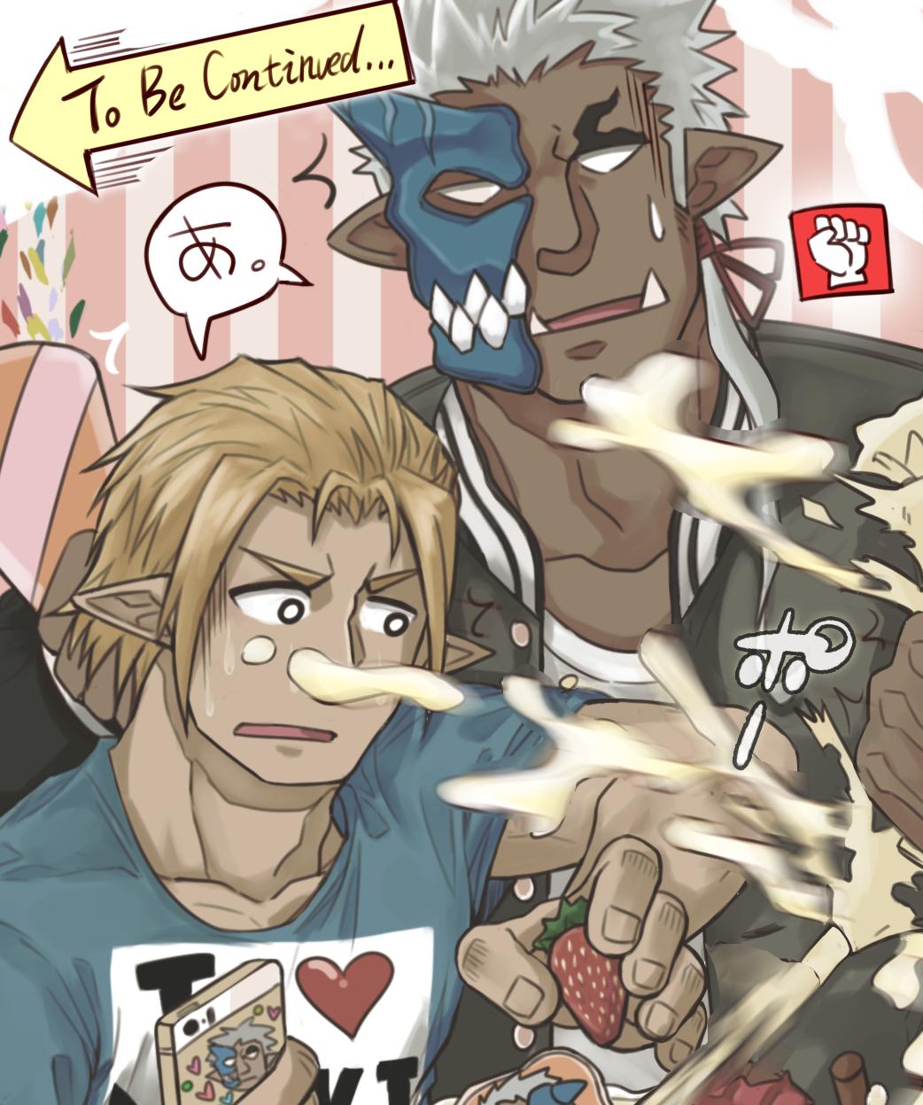2boys, blonde_hair, cake, dark-skinned_male, dark_skin, ekusutora, food, food_on_face