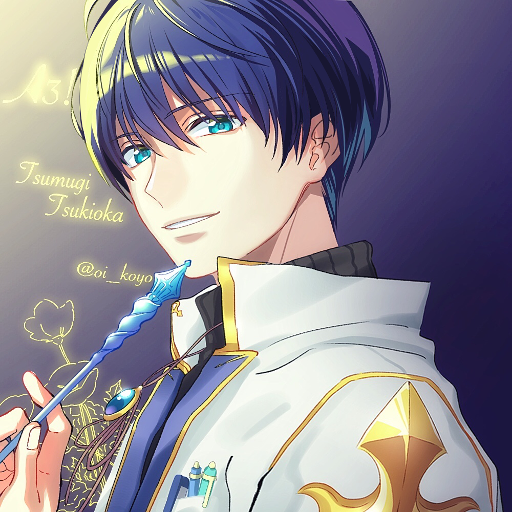 1boy, a3!, blue_background, blue_eyes, blue_hair, brooch, character_name, collar