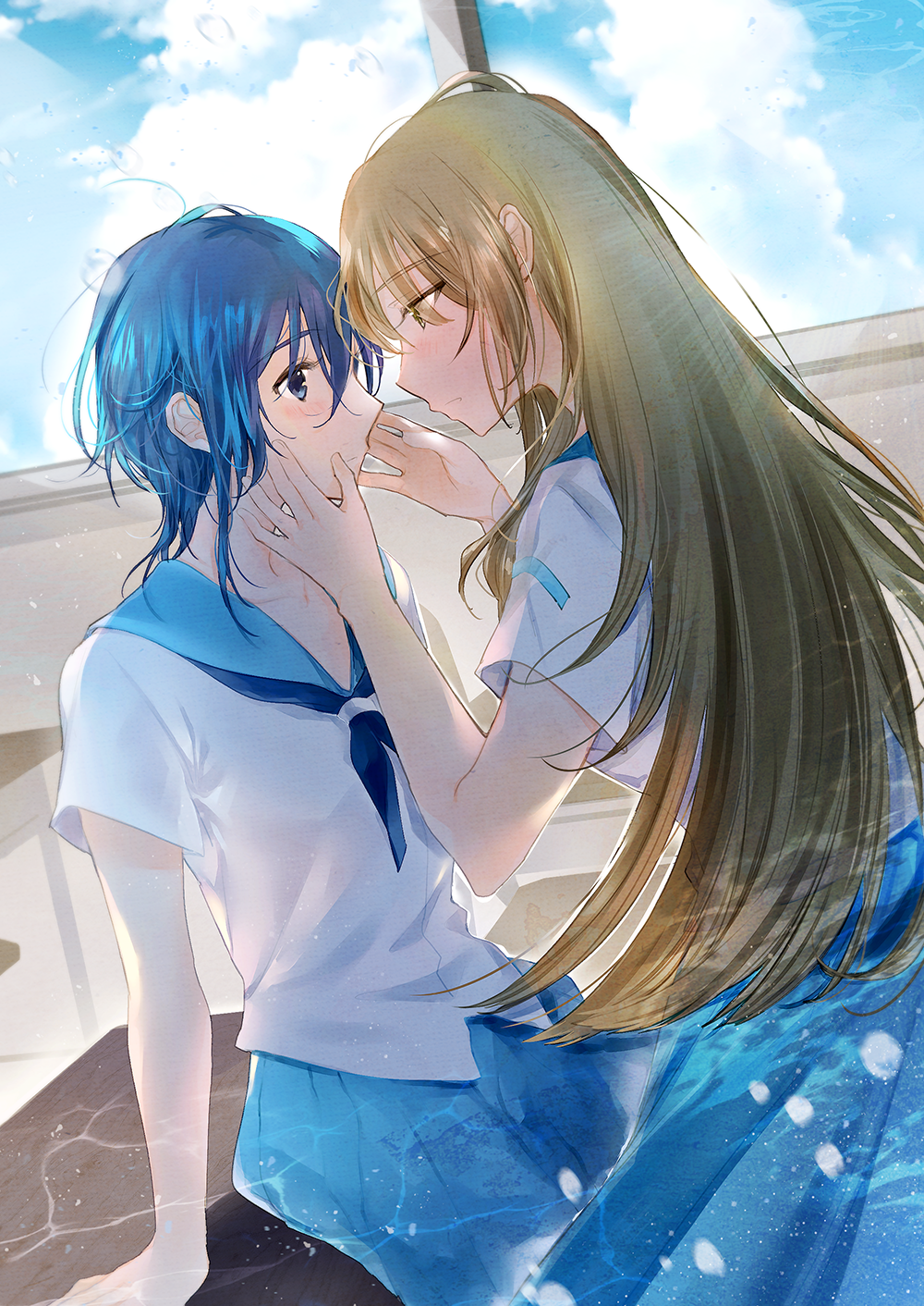 2girls, blue_eyes, blue_hair, blue_skirt, blush, brown_hair, clouds, emodelas