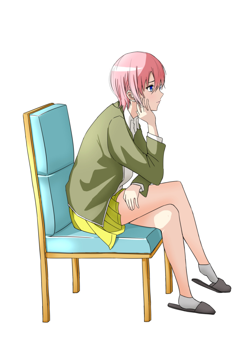 1girl, black_footwear, blue_eyes, chair, crossed_legs, earrings, full_body, go-toubun_no_hanayome, green_shirt, grey_legwear, hanaharupapa, hand_up, highres, jewelry, legs, long_sleeves, nakano_ichika, pink_hair, profile, shirt, short_hair, simple_background, sitting, skirt, slippers, socks, stud_earrings, white_background, yellow_skirt