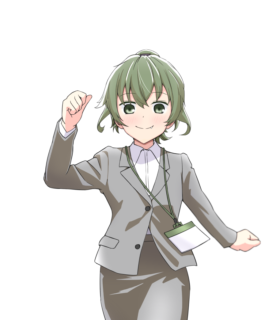 1girl, clenched_hand, fang, formal, green_eyes, green_hair, grey_skirt, hanaharupapa