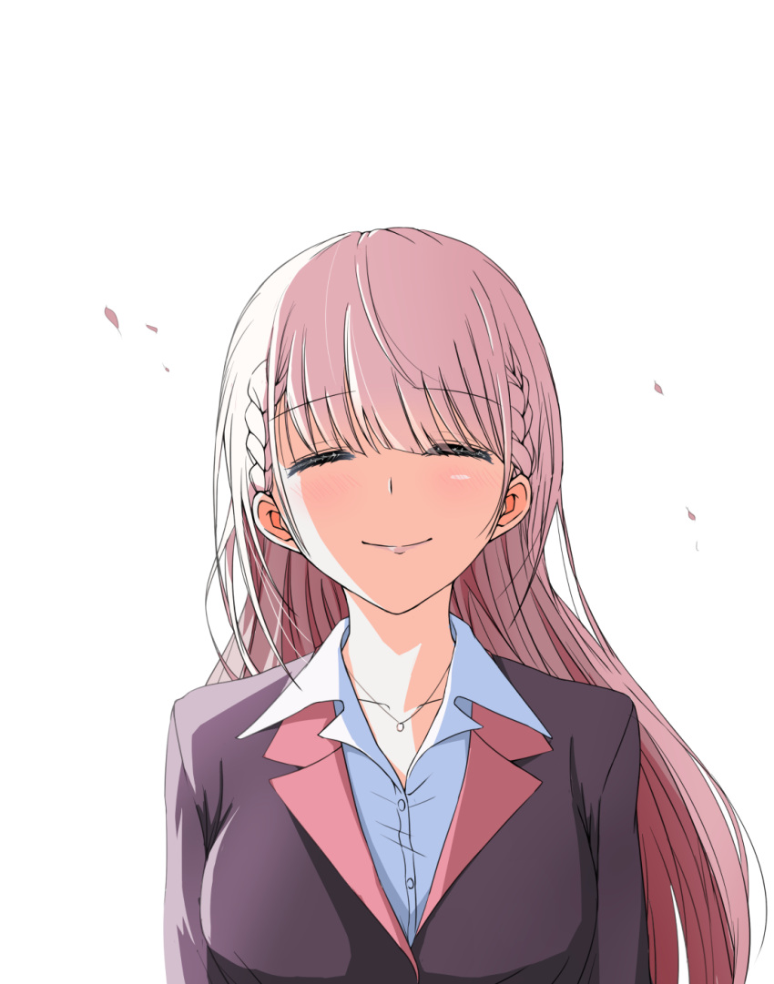 1girl, bangs, blunt_bangs, blush, bokutachi_wa_benkyou_ga_dekinai, braid, closed_eyes, facing_viewer, hanaharupapa, highres, jewelry, kirisu_mafuyu, long_hair, necklace, pink_hair, simple_background, smile, solo, upper_body, white_background