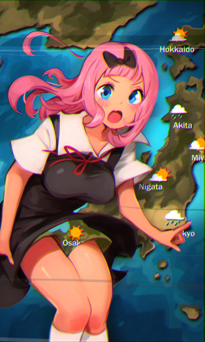 1girl, bangs, black_bow, black_dress, blue_eyes, blunt_bangs, blush, bolo_tie, bow, breasts, clothes_lift, collarbone, collared_shirt, commentary, dress, english_commentary, eyebrows_visible_through_hair, fang, feet_out_of_frame, flipped_hair, fujiwara_chika, furrowed_brow, green_screen, hair_bow, hair_ornament, highres, index_finger_raised, kaguya-sama_wa_kokurasetai_~tensai-tachi_no_renai_zunousen~, khyle., long_hair, looking_at_viewer, map, medium_breasts, open_mouth, pink_hair, red_neckwear, shirt, short_sleeves, shorts, shorts_under_skirt, shuuchiin_academy_uniform, sidelocks, skin_fang, skirt, skirt_lift, socks, solo, standing, weathergirl, white_legwear, white_shirt