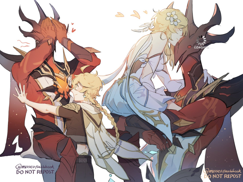 1girl, 2boys, abyss_lector_(genshin_impact), aether_(genshin_impact), ahoge, armor, armored_dress, backless_outfit